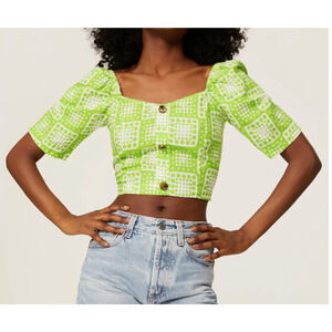 The Odells Julie Crop Top Green Womens Size Large Linen Blend RTR 15290626